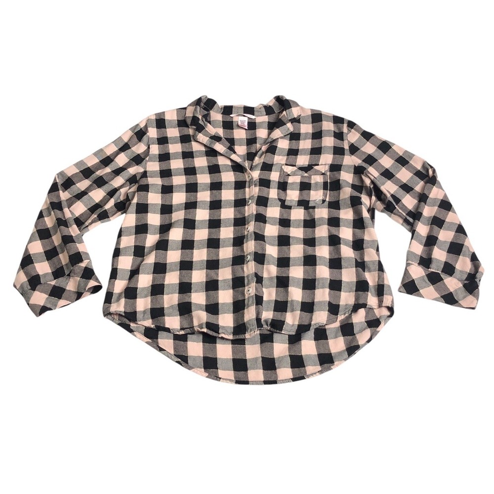 Victoria's Secret Pajama Top Womens M Pink Buffalo Plaid Flannel Sleep Shirt